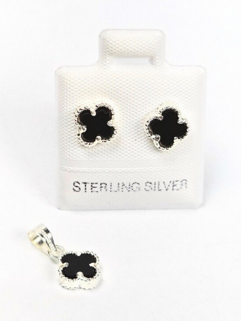 (Small) Van Clover Set 4-Leaf Black Stud Earrings & Pendant 925 Sterling Silver